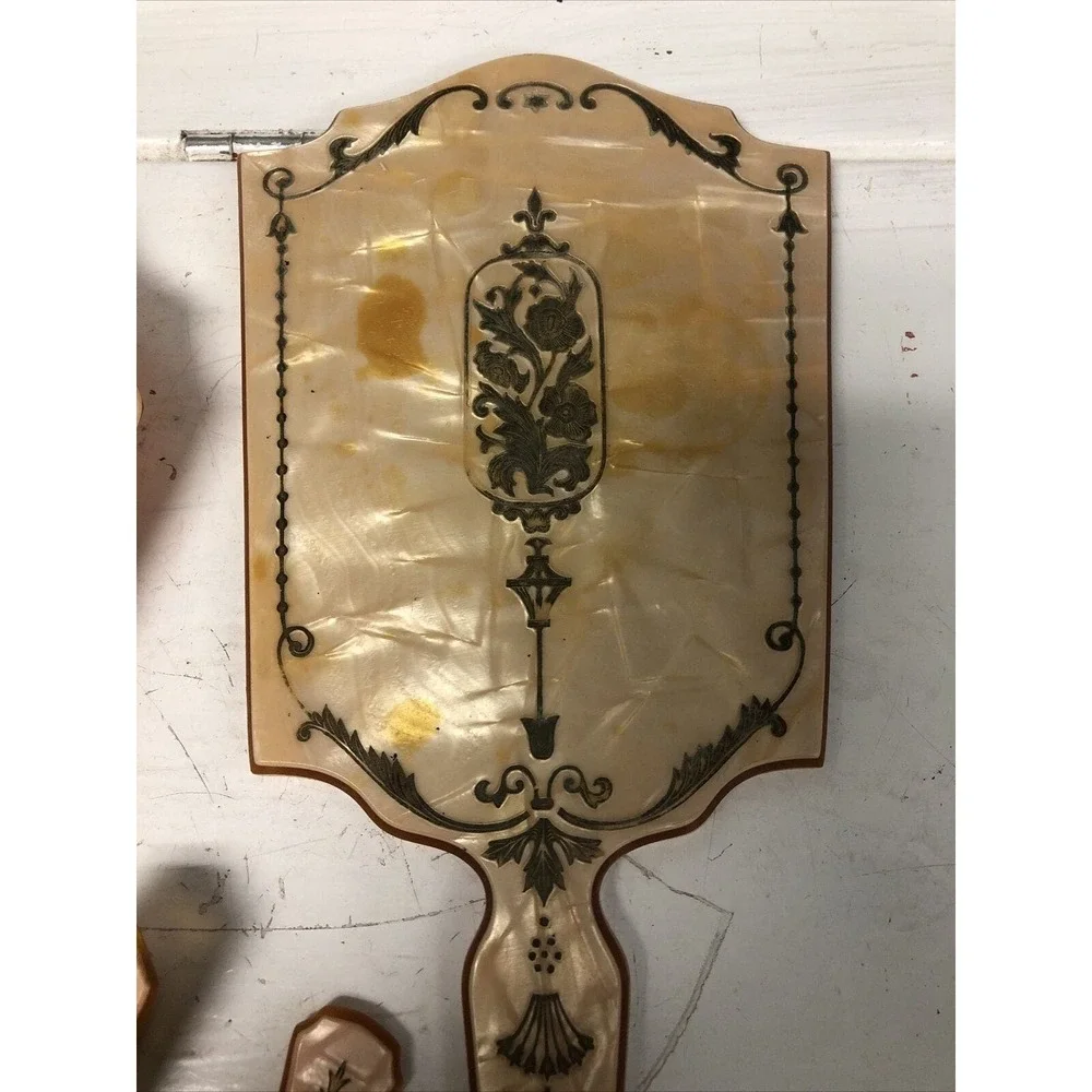 Vtg 4pc Vanity Set Beveled Pearlized Embossed Amber Dresser Tray Mirror Shoehorn